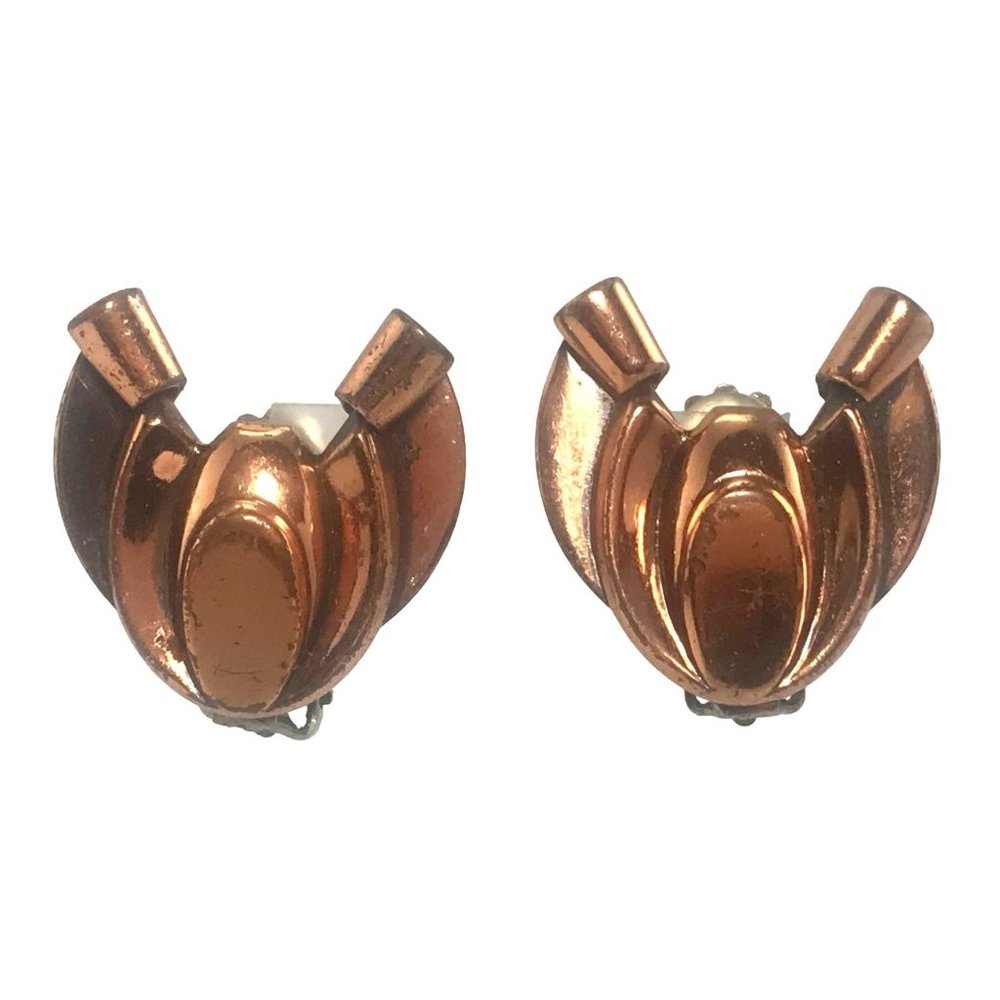 Vintage 1950s Modernist Renoir Copper Earrings Clip On MCM Insect Scroll Signed